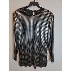 VTG Casablanca Womens Blouse Silver Black Houndstooth 1980s GoGo Dancer Club M/L